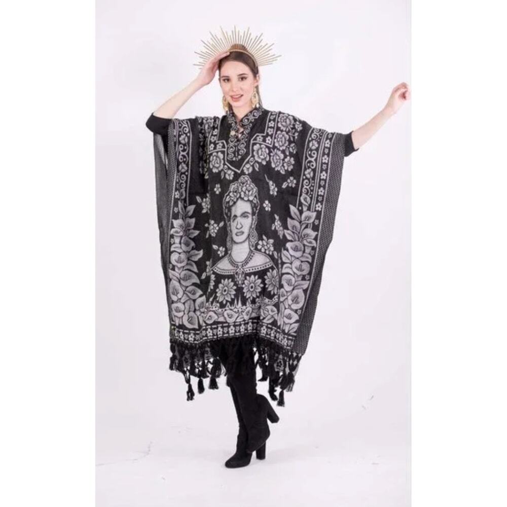 Frida Kahlo Poncho Tunic Black Gold Serape Fringe One Size Fits All Boho Art